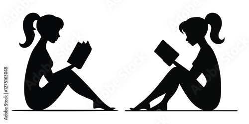 Two women silhouettes reading books vector illustration.