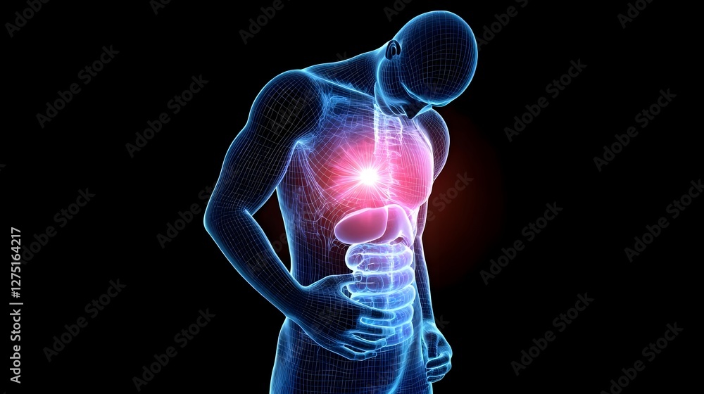 Transparent 3D Model of Human Body Showing Symptoms of Food Poisoning or Gastroenteritis Transparent 3D Model of Human Body Showing Symptoms of Food Poisoning or Gastroenteritis