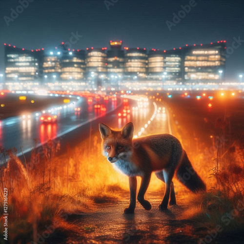 A fox walking near an airport at night during autumn, surrounded by glowing runway lights and the crisp evening air, with fallen leaves scattered across the ground