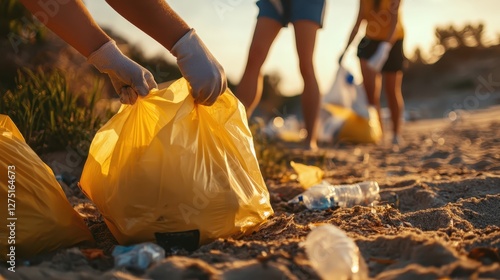 Close-up of eco-volunteers cleaning up plastic debris, hands holding filled trash bags, beach setting, soft golden sunlight, sustainability action 