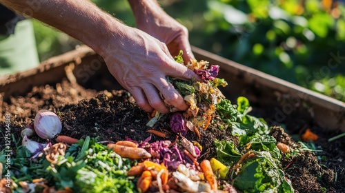 Wallpaper Mural Close-up of hands layering food scraps and organic materials into a compost bin, rich earthy tones, sunny outdoor community workshop setting  Torontodigital.ca