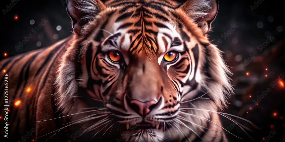 Fototapeta premium Surreal tiger portrait: intense orange eyes blaze against a dark, dreamlike backdrop.