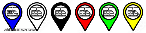 Flat map point icons for tram stops or tram routes, in different colors, location icons set on transparent background. Position symbols or GPS positioning