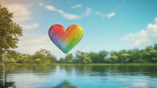 Rainbow Heart Floating Above Lake with Trees and Blue Sky Background Scene