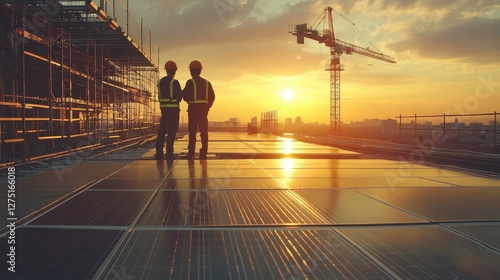 Engineers discussing sustainable redevelopment plans at a construction site, eco-friendly materials, solar panels, bright afternoon light 