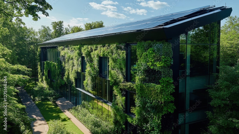 Exterior of an innovative eco-office, solar roofs gleaming under the midday sun, living walls covered in greenery, trees and walking paths nearby Exterior of an innovative eco-office, solar roofs gleaming under the midday sun, living walls covered in greenery, trees and walking paths nearby