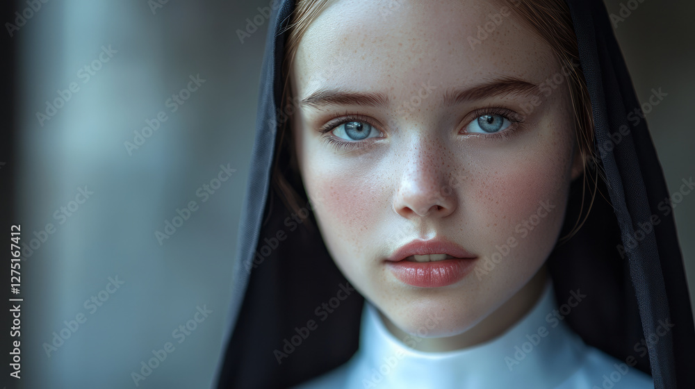 A young nun, looking directly into the camera, generative AI A young nun, looking directly into the camera, generative AI