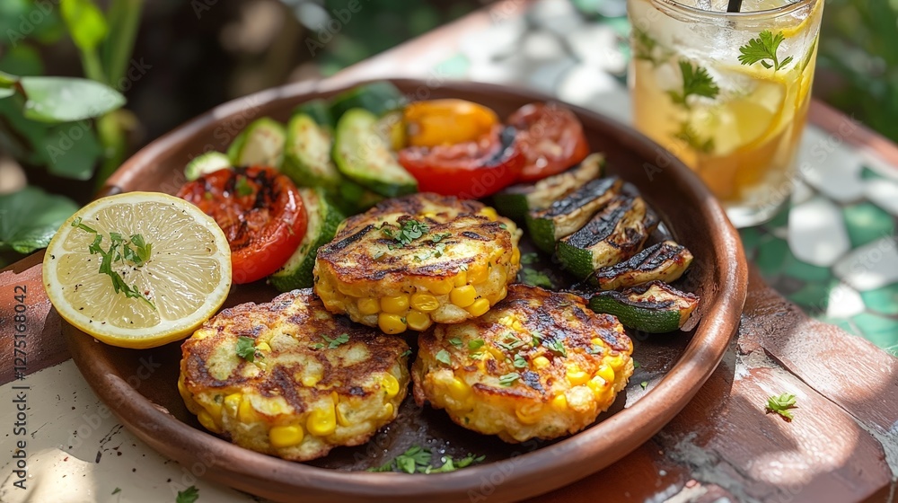 A plate of corn fritters with grilled vegetables and a refreshing drink. A plate of corn fritters with grilled vegetables and a refreshing drink.