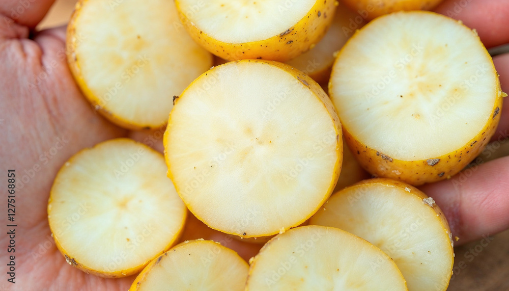 Sliced potato on palm hands HD image Sliced potato on palm hands HD image