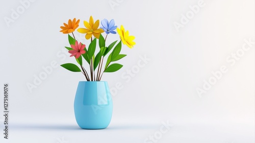 Wallpaper Mural Colorful Flower Arrangement in Modern Blue Vase on Minimalist White Background Torontodigital.ca