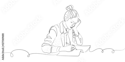 vector design of a woman sitting writing in a book and thinking