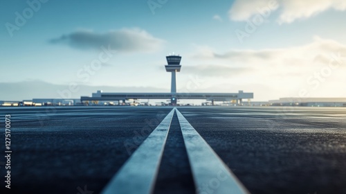 Airport runway view with control tower in the background at sunset