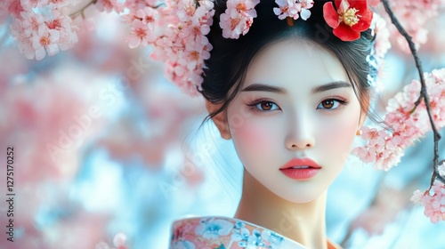Stunning Asian Woman in a Kimono Adorned with Cherry Blossoms
