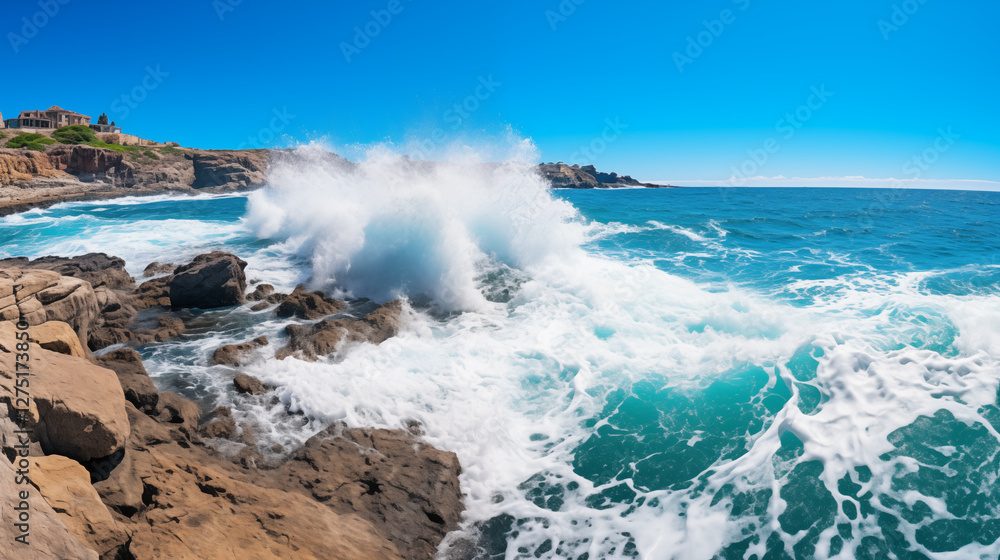 Powerful ocean waves crashing against rocky shoreline under clear blue sky during sunny day. Powerful ocean waves crashing against rocky shoreline under clear blue sky during sunny day.