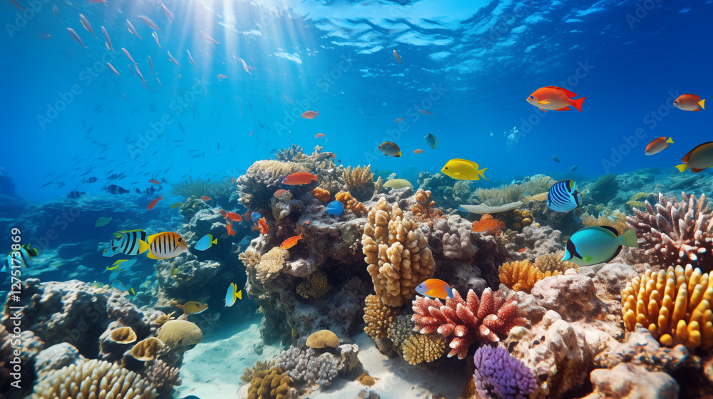 Fototapeta premium Underwater view of a colorful sea coral reef with fishes. Underwater