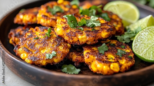 A plate of golden corn fritters garnished with cilantro and lime wedges.