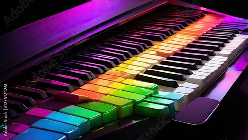 A close-up view of piano keys with each white key painted in a different bright color photo