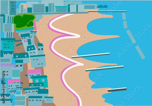 都市部の海岸線、風景イラスト