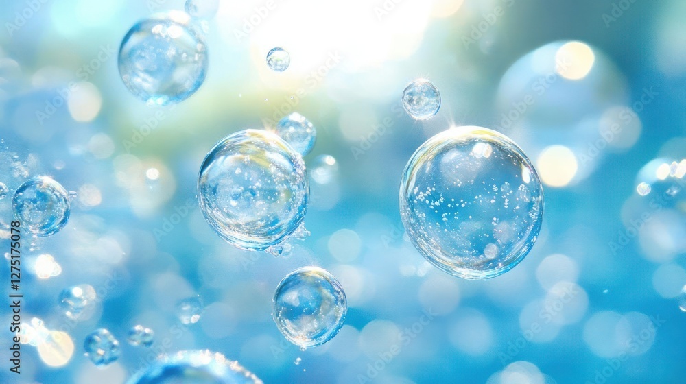 Clear bubbles floating in a blue sky with sunlight Clear bubbles floating in a blue sky with sunlight