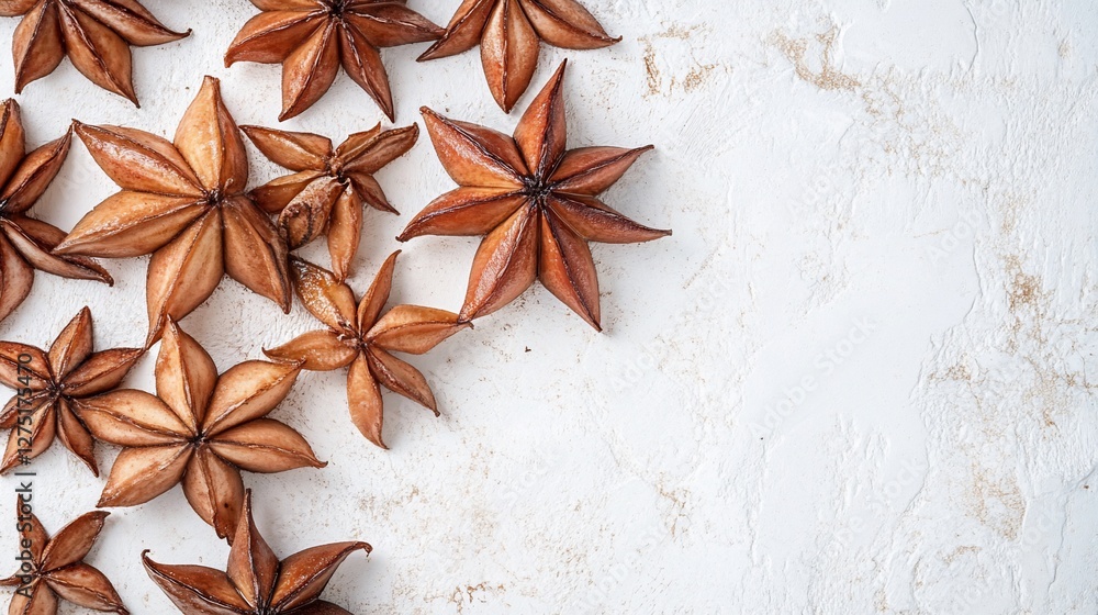 Star anise spice pattern on white background still life for food and beverage Star anise spice pattern on white background still life for food and beverage