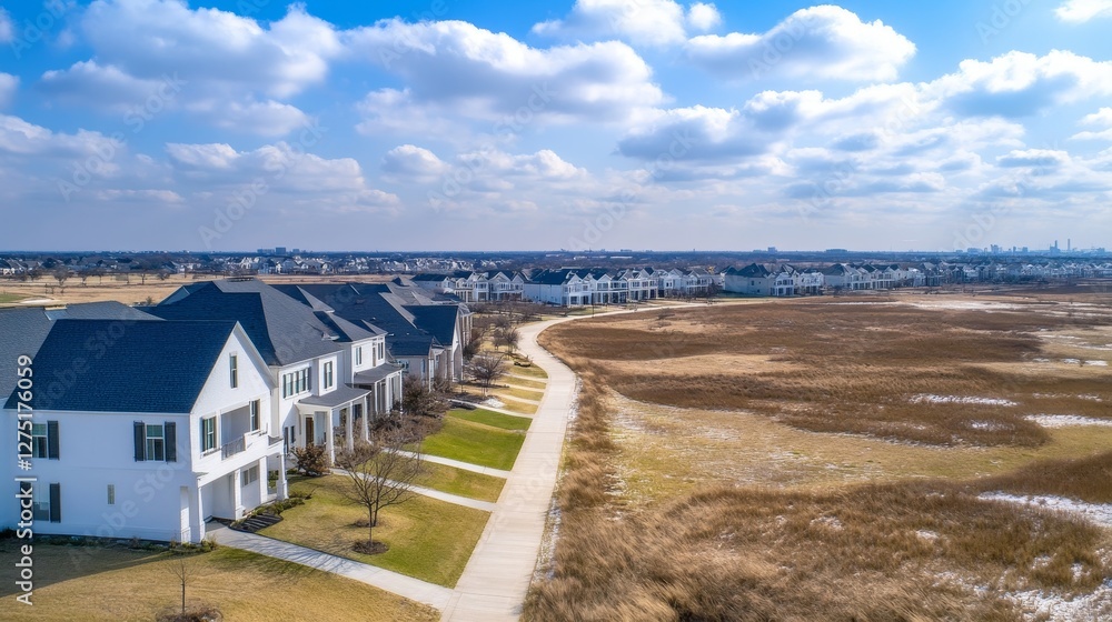 Aerial view of modern suburban homes along a winding path with open fields and distant skyline Aerial view of modern suburban homes along a winding path with open fields and distant skyline