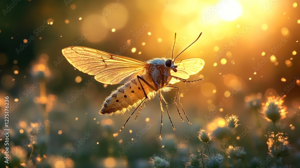 Naklejka premium Sunrise Moth in Flight over Wildflowers