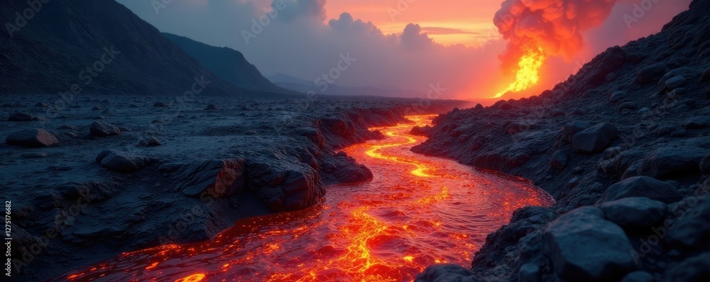 Fototapeta premium A river of liquid fire flows through a barren and rocky land, fiery terrain, rocky ground, volcanic eruption