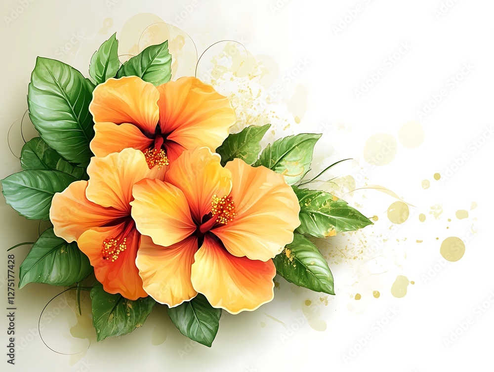 Orange hibiscus flowers, soft background, floral design, greeting card Orange hibiscus flowers, soft background, floral design, greeting card