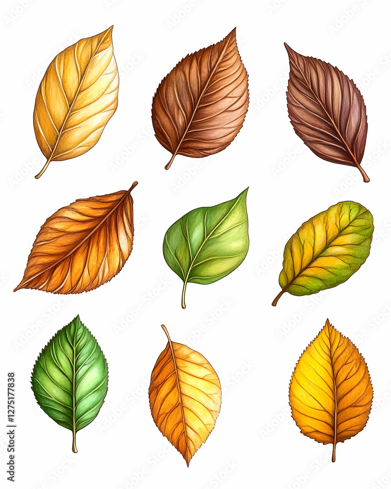 Obraz premium Autumn leaves collection, various colors, white background, design element