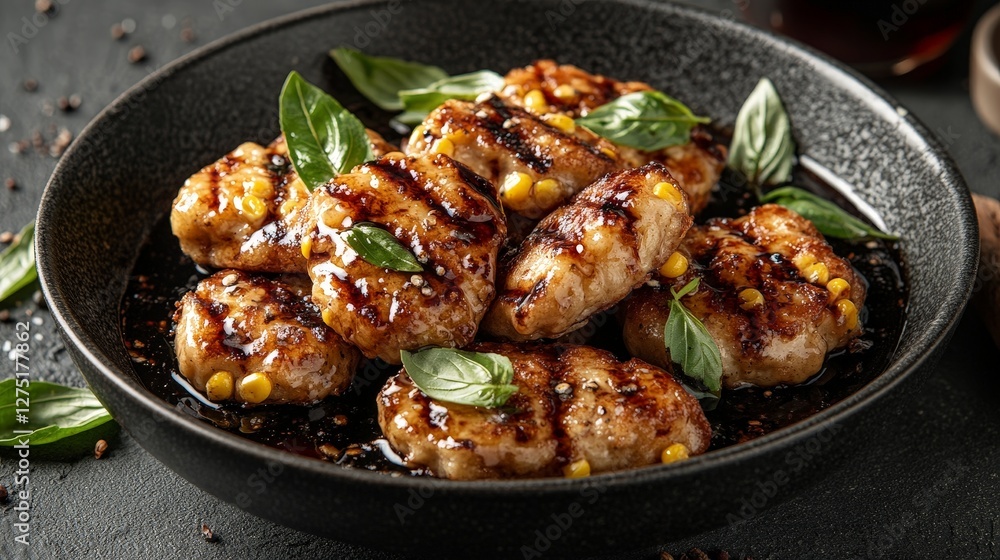 A plate of grilled meat patties garnished with basil and corn, served in a dark sauce. A plate of grilled meat patties garnished with basil and corn, served in a dark sauce.