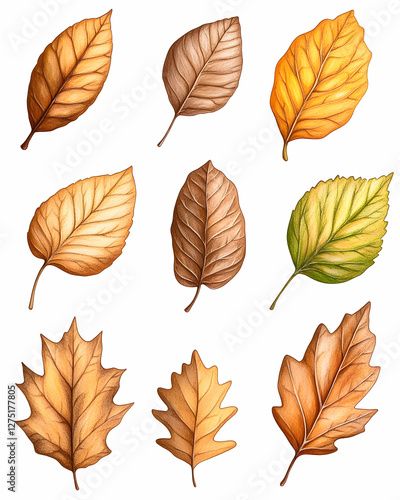 Autumn leaves collection; fall foliage; white background; design element