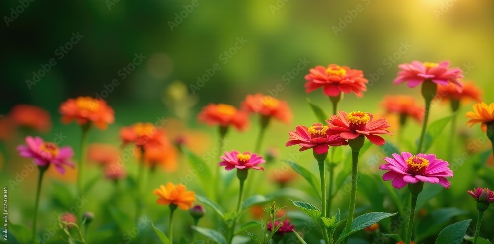 Colorful Zinnia flowers blooming in a lush green meadow, nature, flowers Colorful Zinnia flowers blooming in a lush green meadow, nature, flowers