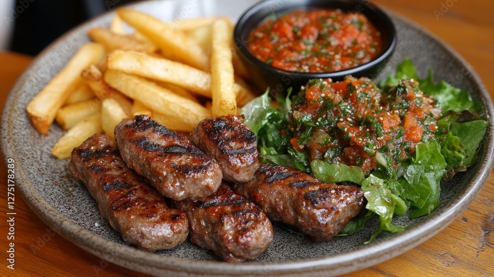 A plate of grilled meat skewers served with fries, salad, and salsa. A plate of grilled meat skewers served with fries, salad, and salsa.