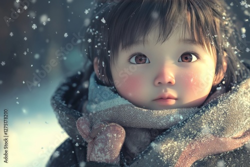 An Asian toddler with rosy cheeks and big, expressive eyes, standing outside in the snow, bundled up in a thick coat, scarf, and mittens. Their small nose is red from the cold, and they blow warm air.