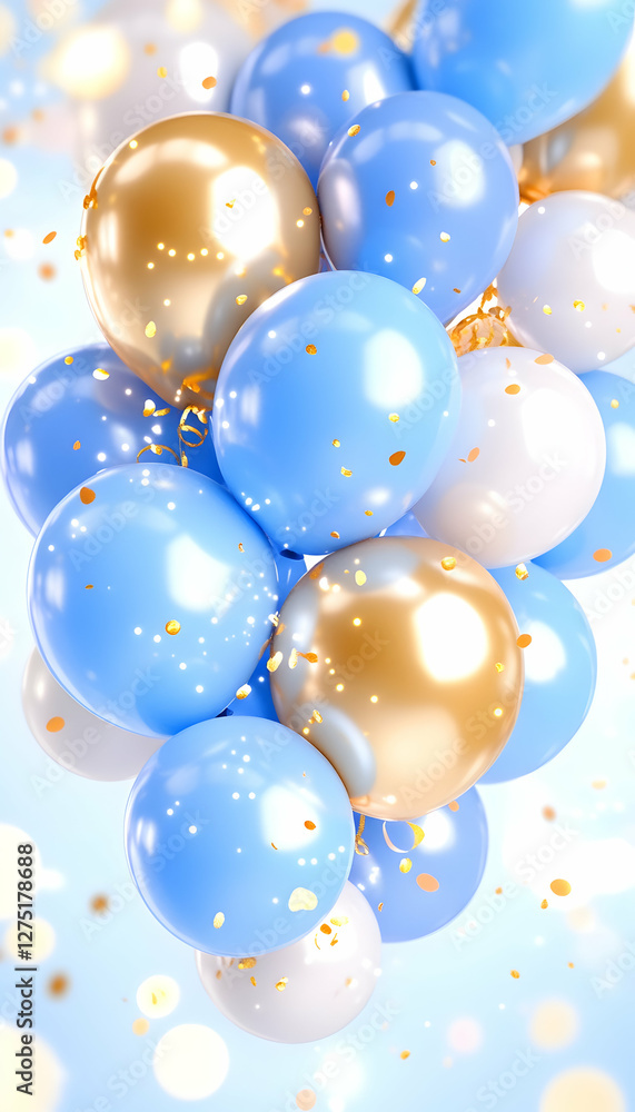 Blue and gold balloons float, confetti falls, pastel background, celebration party decor Blue and gold balloons float, confetti falls, pastel background, celebration party decor