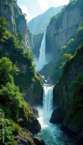 Emerald Waterfalls cascading down rugged granite walls, ancient landscape, vegetation, waterfalls