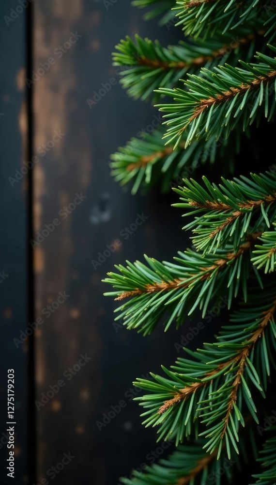 Fir branches against a dark wooden background, closeup, natural Fir branches against a dark wooden background, closeup, natural