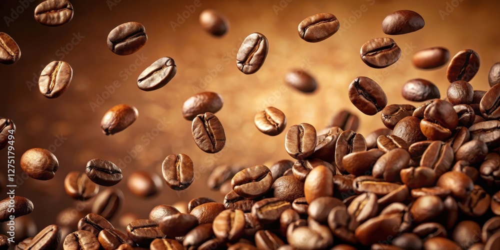Aromatic Roasted Coffee Beans Cascading and Falling in Slow Motion onto a Pile of Similar Beans, Creating a Dynamic and Appealing Visual of Freshly Roasted Coffee Aromatic Roasted Coffee Beans Cascading and Falling in Slow Motion onto a Pile of Similar Beans, Creating a Dynamic and Appealing Visual of Freshly Roasted Coffee