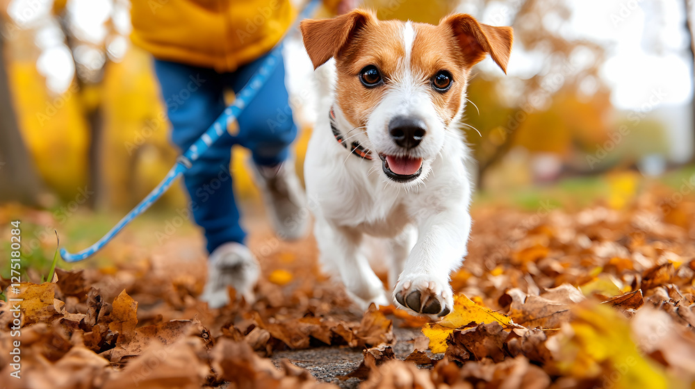 Child walking dog autumn park fall leaves Child walking dog autumn park fall leaves