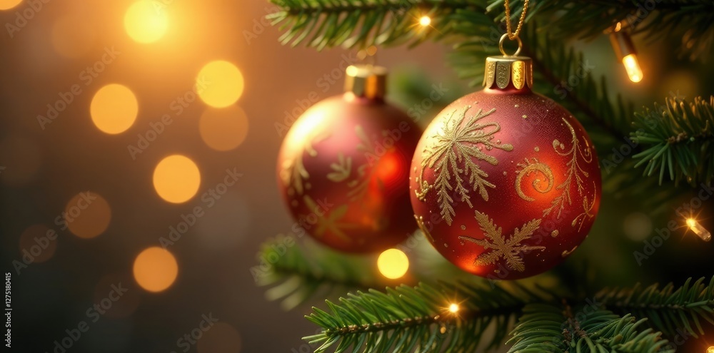 Glowing golden Christmas ornaments suspended in mid-air, festive, ornaments, christmas