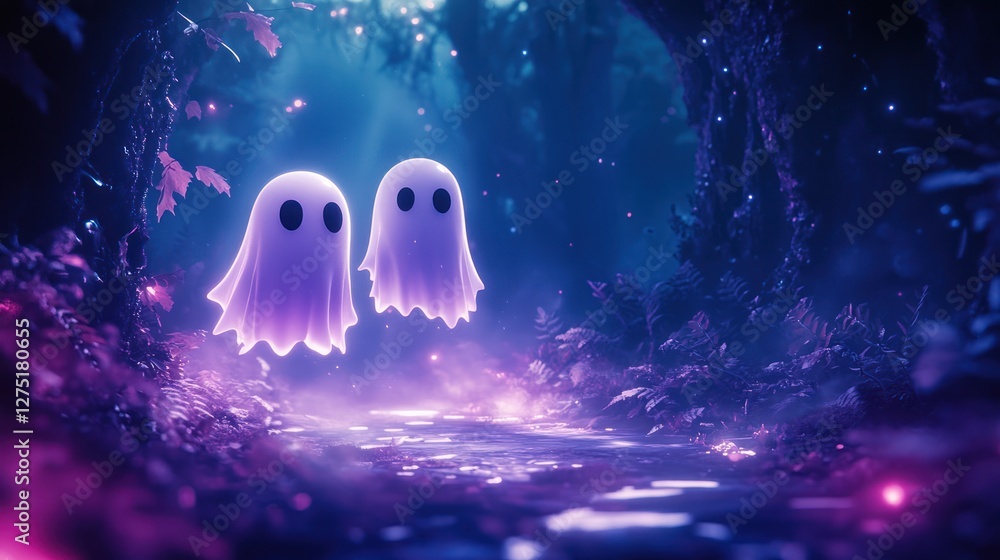 Two ghosts float in enchanted forest path, Halloween Two ghosts float in enchanted forest path, Halloween