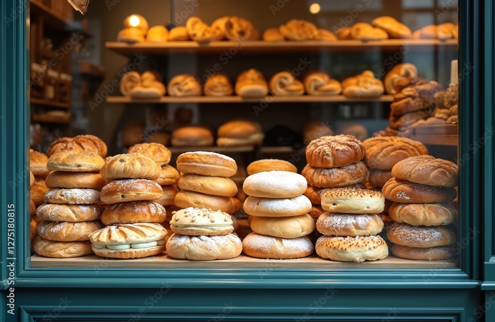 Bakery display window showcases assortment of freshly baked goods. Cakes, bread, buns on shelf looks deliciously. Sweet, savory temptations from local french store. Warm inviting atmosphere. Bakery display window showcases assortment of freshly baked goods. Cakes, bread, buns on shelf looks deliciously. Sweet, savory temptations from local french store. Warm inviting atmosphere.