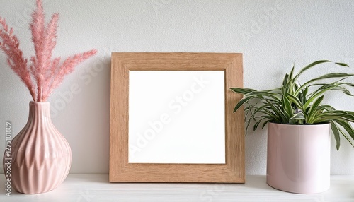 Elegant Wood Square Frame Showcasing a Quaint Pink HouseplantFilled Shelf and Vase Against a Pristine White Backdrop, Radiating Calm Serenity.