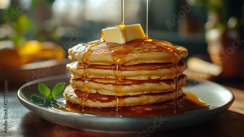 Wallpaper Mural Syrup pouring on pancakes, butter, kitchen, breakfast Torontodigital.ca