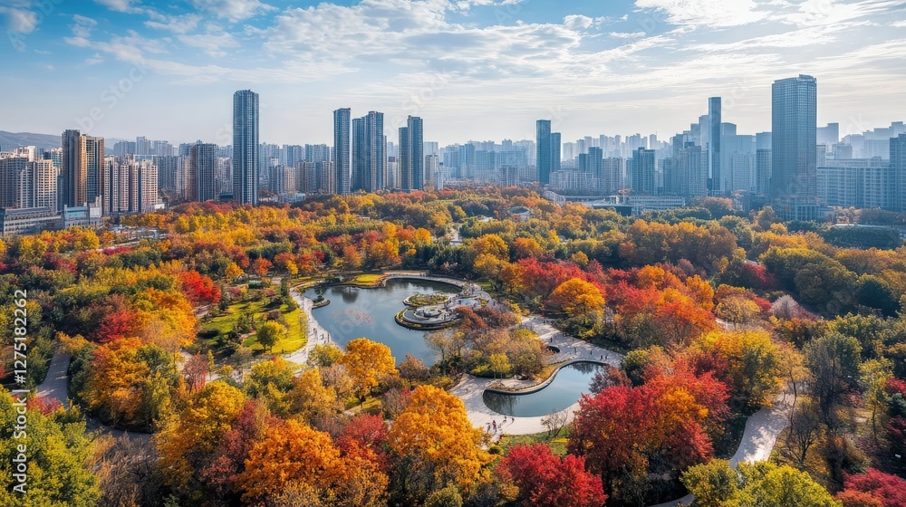 Obraz premium Autumn scenic view urban park nature landscape vibrant colors aerial perspective seasonal beauty