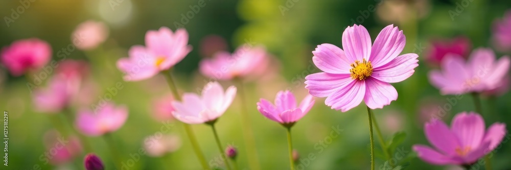 Pastel pink cosmos flowers bloom in a lush garden, nature scene, pastel colors, delicate blooms Pastel pink cosmos flowers bloom in a lush garden, nature scene, pastel colors, delicate blooms