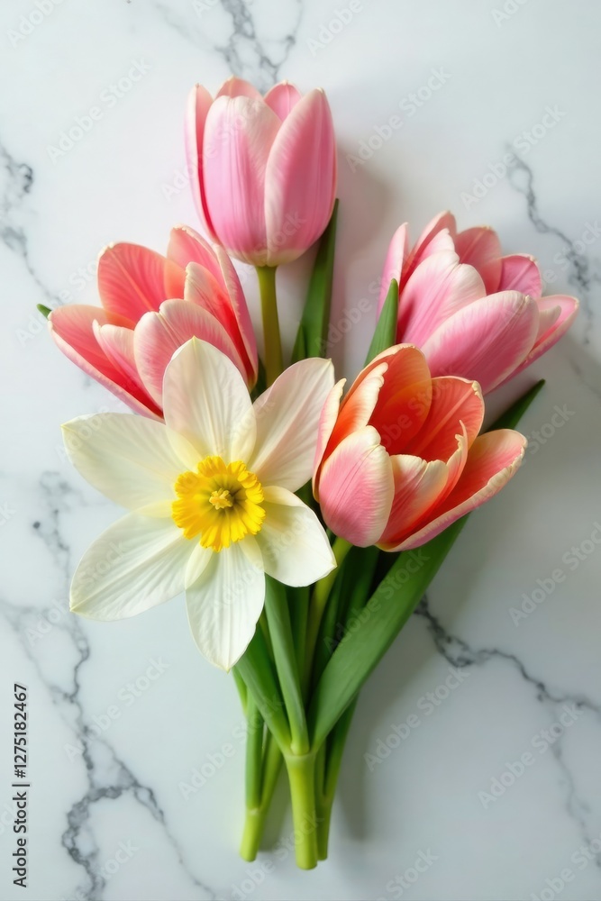 custom made wallpaper toronto digitalPink tulip and white daffodil mix in a colorful bouquet, marble tabletop, fresh flowers