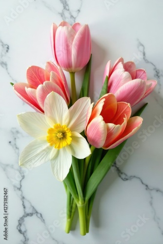 Wallpaper Mural Pink tulip and white daffodil mix in a colorful bouquet, marble tabletop, fresh flowers Torontodigital.ca