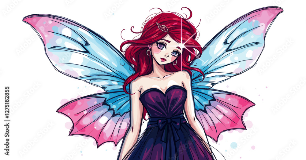 A hand-drawn sketch in Color sketchnote style depicting a fairy with rich burgundy and deep blue hues A hand-drawn sketch in Color sketchnote style depicting a fairy with rich burgundy and deep blue hues