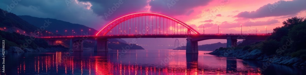 Naklejka premium Rosa brillantini sull'arco di un ponte alla luce del tramonto, colore, tramonto
